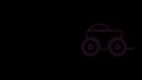 Glowing neon line Wooden four-wheel cart with hay icon isolated on black background. 4K Video motion graphic animation.