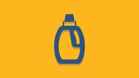 Blue Plastic bottle for laundry detergent, bleach, dishwashing liquid or another cleaning agent icon isolated on orange background. 4K Video motion graphic animation.