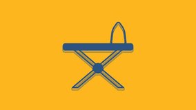 Blue Electric iron and ironing board icon isolated on orange background. Steam iron. 4K Video motion graphic animation.