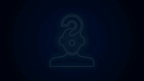 Glowing neon line Human head with question mark icon isolated on black background. 4K Video motion graphic animation.