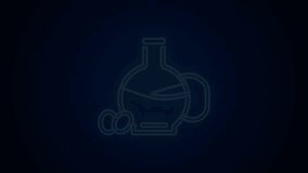 Glowing neon line Bottle of olive oil icon isolated on black background. Jug with olive oil icon. 4K Video motion graphic animation.