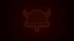 Glowing neon line Viking in horned helmet icon isolated on black background. 4K Video motion graphic animation.