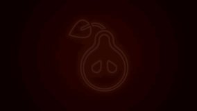 Glowing neon line Pear icon isolated on black background. Fruit with leaf symbol. 4K Video motion graphic animation.