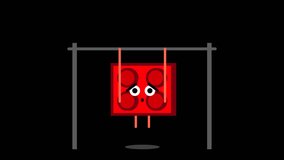 This is a motion graphic animation video of a cartoon Lego block doing pull-ups exercise, on alpha channel background.