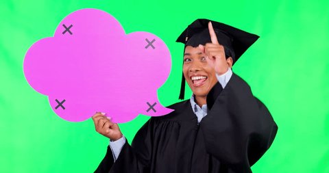 Woman, graduation and speech bubble in green screen with point at you for opinion, review and mock up space. Girl, college student and happy for social media poster, celebration and vote in portrait – Video có sẵn