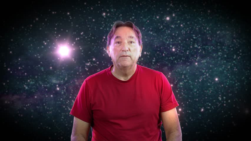 A man gives two mind blown meme gestures. Space background.  	 Royalty-Free Stock Footage #1105502699