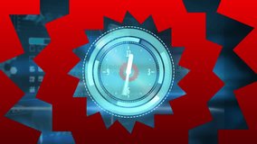 Animation of red abstract shapes over neon ticking clock and data processing against blue background. Computer interface and business technology concept - Powered by Shutterstock - Get 15% off with code: PIKWIZARD15