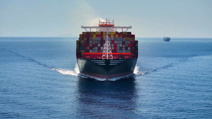 Front view of a very large container cargo ship traveling with speed over blue ocean Royalty-Free Stock Footage #1105504279