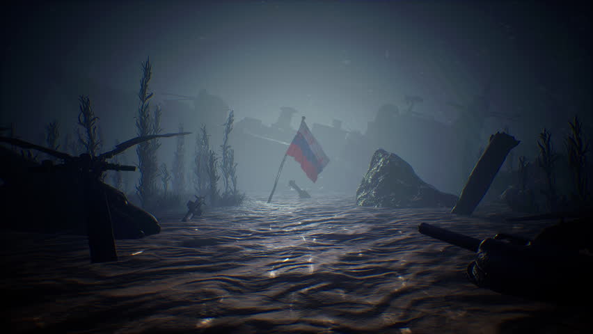 Russian flag with blood stains under water. Wrecked military equipment around. Illustration of Russia