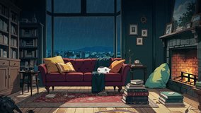 Adorable kitten sleeping on the sofa by the fireplace on a stormy night. Loop Animation Video For LoFi Music and Live Wallpaper