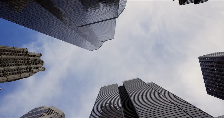 Bottom view of a passenger long-haul aircraft liner flying over skyscrapers in the business center of a large city. Reflections of the plane in the windows of buildings on a sunny day. Travel concept. Royalty-Free Stock Footage #1105505273