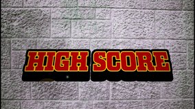 Animation of retro style high score text banner against against grey brickwall textured background. Video game interface technology concept - Powered by Shutterstock - Get 15% off with code: PIKWIZARD15