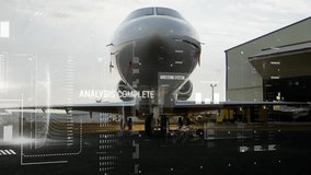 Animation of interface with data processing against airplane at an airport. Business data and aviation technology concept - Powered by Shutterstock - Get 15% off with code: PIKWIZARD15