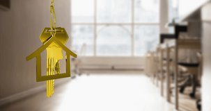 Animation of hanging golden house keys against interior of a classroom. Interior designing and real estate concept - Powered by Shutterstock - Get 15% off with code: PIKWIZARD15