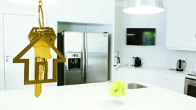 Animation of hanging golden house keys against interior of a modern kitchen. Interior designing and real estate concept - Powered by Shutterstock - Get 15% off with code: PIKWIZARD15