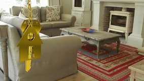 Animation of hanging golden house keys against interior of a living room. Interior designing and real estate concept - Powered by Shutterstock - Get 15% off with code: PIKWIZARD15