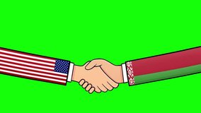 Agreement between American and North Korea politics Animation with country flags. Shake hands Cartoon. Global Business handshake concept. Chroma key. 4K Video Loop
