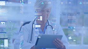 Animation of multiple graphs and trading board over smiling female caucasian doctor using tablet. Digital composite, multiple exposure, report, business, medical, healthcare, stock market, technology. - Powered by Shutterstock - Get 15% off with code: PIKWIZARD15