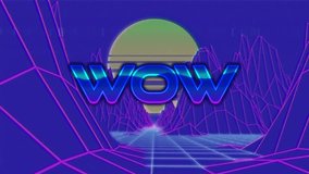 Animation of wow text over 3d model of mountains and sun against abstract background. Digitally generated, hologram, illustration, astonishment, landscape, three dimensional and technology concept. - Powered by Shutterstock - Get 15% off with code: PIKWIZARD15