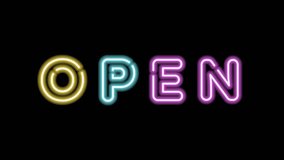 Open word with Neon sign on Black Background. Blinking with Light, Open Symbol for Restaurant, Stores, night club and Casino Full HD