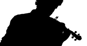 Animation of black silhouette of men playing violin on white background. Music, musical instrument and movement concept digitally generated video.