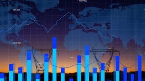 Animation of statistical data processing over a world map against network towers. Global networking and business data technology concept - Powered by Shutterstock - Get 15% off with code: PIKWIZARD15