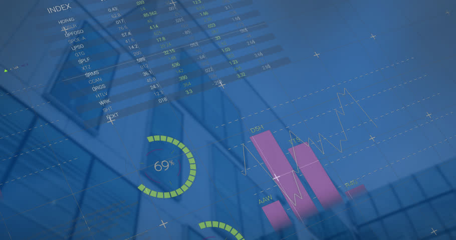 Animation of multicolored infographic interface over low angle view of modern building. Digital composite, multiple exposure, report, business, progress, global and architecture concept.