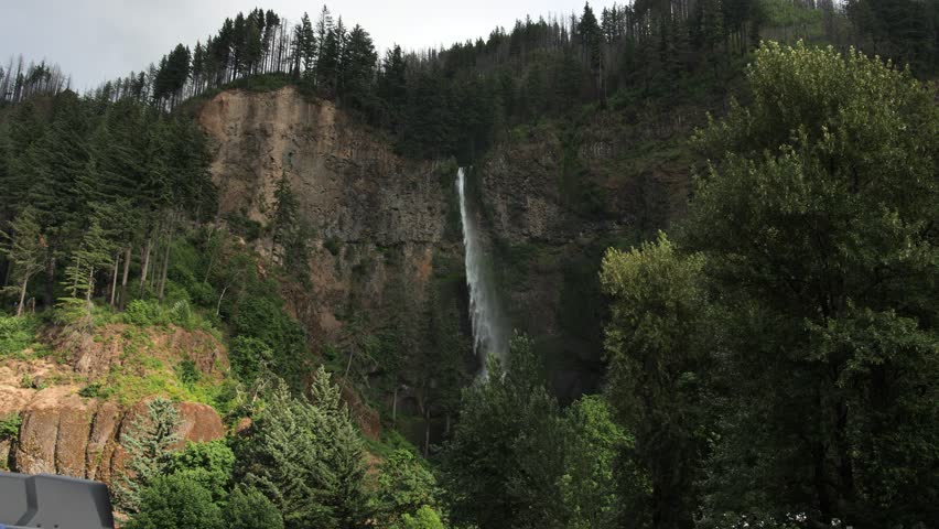 Aerial wide establishing shot of Multnomah Falls in Oregon.