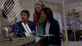 Animation of white colored infographic over diverse coworkers sharing ideas on digital tablet. Digital composite, multiple exposure, report, business, teamwork, discussion and global concept. - Powered by Shutterstock - Get 15% off with code: PIKWIZARD15