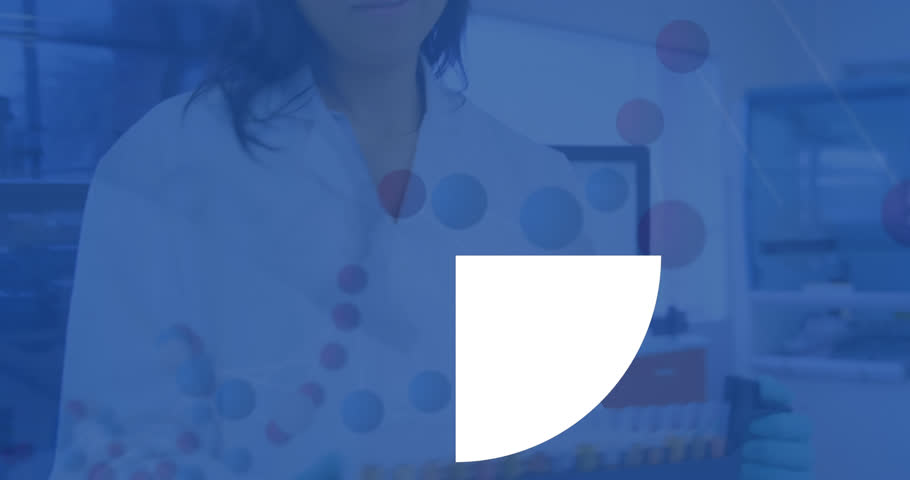 Animation of pie chart and dna helix over biracial female scientist looking at test-tubes. Digital composite, multiple exposure, report, business, molecule, medical, healthcare and technology.
