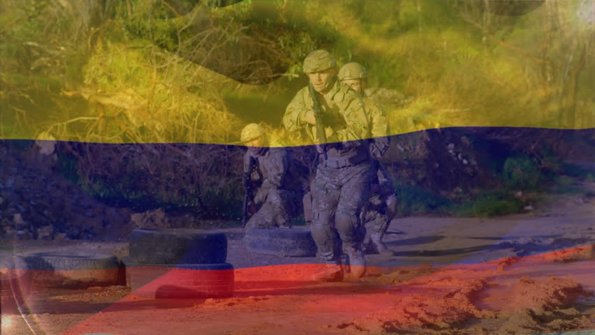 Animation of flag of colombia over diverse soldiers with guns performing drill in training ground. Digital composite, multiple exposure, pride, military, armed forces, technology and patriotism.