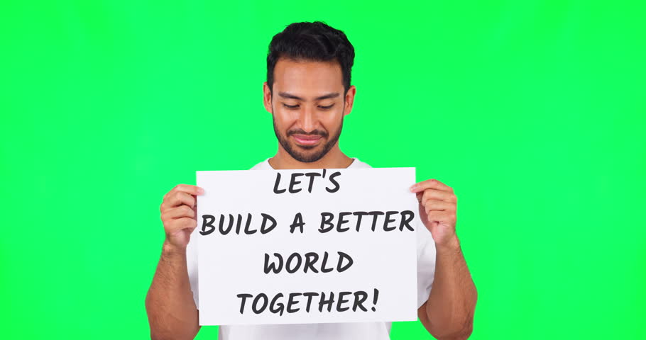 Man, face and protest with board by green screen, justice and sustainability in promo in mockup for future. Young Asian guy, student volunteer and happy with paper, sign and poster for climate change