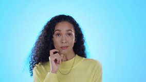 Thinking, idea and woman in studio with agreement, choice or options against a blue background. Why, decision and female person confused with solution, questions and yes emoji or aha expression - Powered by Shutterstock - Get 15% off with code: PIKWIZARD15