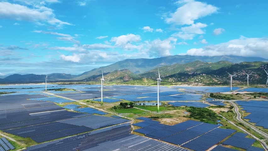 Vast and expansive, the landscape of Ninh Thuan is adorned with vast fields of wind turbines and solar panels. The wind turbines gracefully spin while the solar panels glisten under the sun's rays