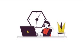 Female employee at desk animation. Animated cartoon office worker laptop. Isolated colour flat line 2D character 4K video footage, white background, alpha channel transparency for web design