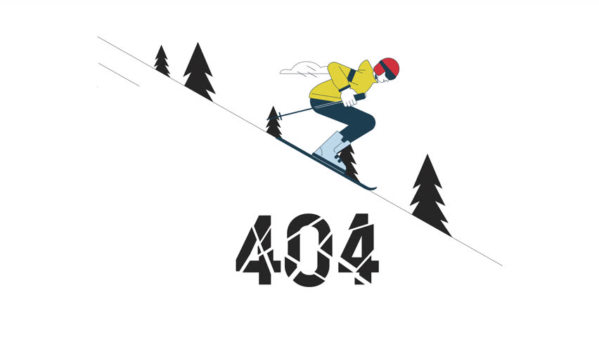 Skiing down 404 error animation. Ski lifestyle. Winter sports. Empty state 4K video concept footage with alpha channel transparency. Outline colour page not found flash message for UI, UX web design