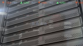 Animation of clock, graphs, trading board and loading bars against server racks in background. Digital composite, multiple exposure, report, business, stock market, technology and network server. - Powered by Shutterstock - Get 15% off with code: PIKWIZARD15