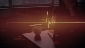 Animation of illuminated heart rhythm over thoughtful biracial woman with coffee working on laptop. Digital composite, multiple exposure, heartbeat, measuring, drink, beverage and technology concept. - Powered by Shutterstock - Get 15% off with code: PIKWIZARD15