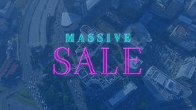 Animation of neon massive sale text banner against aerial view of cityscape. Sale discount and retail business concept - Powered by Shutterstock - Get 15% off with code: PIKWIZARD15