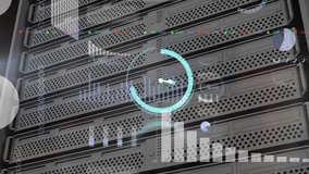 Animation of clock, graphs, trading board and loading bars against server racks in background. Digital composite, multiple exposure, report, business, stock market, technology and network server. - Powered by Shutterstock - Get 15% off with code: PIKWIZARD15