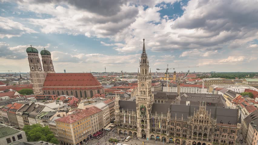 Munich (München) Germany time lapse 4K, high angle view city skyline timelapse at Marienplatz new Town Hall Square Royalty-Free Stock Footage #1105537055