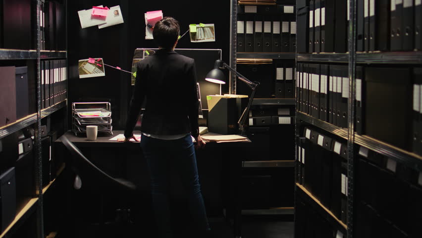 Law agent working on crime, looking at surveillance footage for suspect identification. Professional detective gathering intelligence to build strong case against culprit, secret mission.