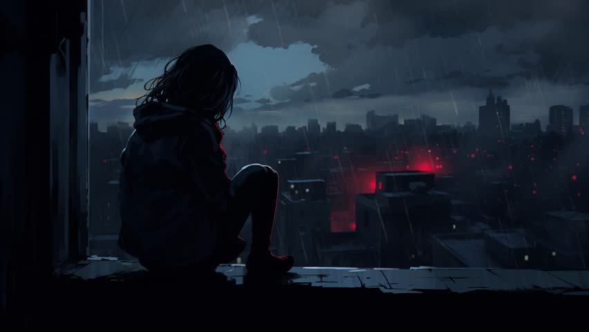 Lonely anime girl looking at the city at night. Sad rainy day. Moody atmospheric. Sad lo-fi music. Video for lofi hiphop songs. Woman alone. Loneliness and depression. Cute cartoon girl crying. Royalty-Free Stock Footage #1105538839