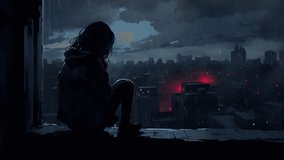 Lonely anime girl looking at the city at night. Sad rainy day. Moody atmospheric. Sad lo-fi music. Video for lofi hiphop songs. Woman alone. Loneliness and depression. Cute cartoon girl crying.