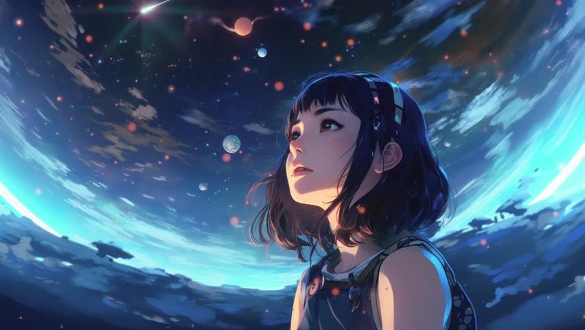 Anime fantasy scene. Cute adorable girl looking at the stars at night. Lo-fi chill vibes. Beautiful colorful night. Moody video for chill music. Relaxing hip-hop feelings vibes. Sad woman in love. Royalty-Free Stock Footage #1105538841
