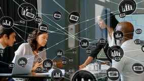 Animation of network of digital icons over diverse businesspeople discussing over a plan at office. Global networking and business technology concept - Powered by Shutterstock - Get 15% off with code: PIKWIZARD15