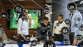 Animation of network of digital icons over diverse businesspeople discussing over a plan at office. Global networking and business technology concept - Powered by Shutterstock - Get 15% off with code: PIKWIZARD15