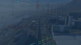 Animation of statistical and stock market data processing against aerial view of cityscape. Global economy and business technology concept - Powered by Shutterstock - Get 15% off with code: PIKWIZARD15