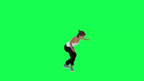 Hand and foot dance of young woman in white dress black pants and blue shoes from left angle on green screen