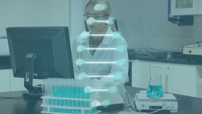Animation of spinning dna and chemical structure over female scientist using laptop at loboratory. Medical research and science technology concept - Powered by Shutterstock - Get 15% off with code: PIKWIZARD15